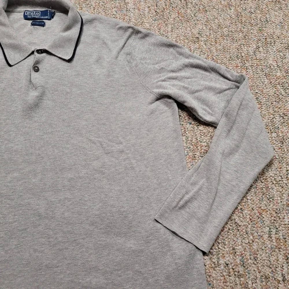 Polo Ralph Lauren Knit Polo Shirt Men Large Gray Pima Cotton Long Sleeve Vintage